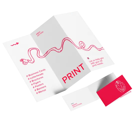 KMUL print design service — trifold brochure and business card print samples