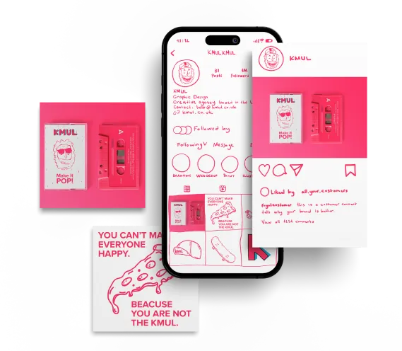 KMUL social media consultancy — branded Instagram posts and stories displayed on a smartphone