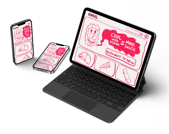 KMUL website design service — mockups of KMUL sites shown on tablet and mobile devices