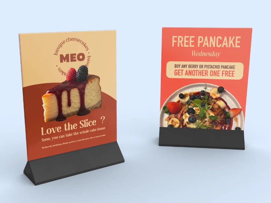 MEO Brighton — cheesacake and pancake campaign table talker, flyer design