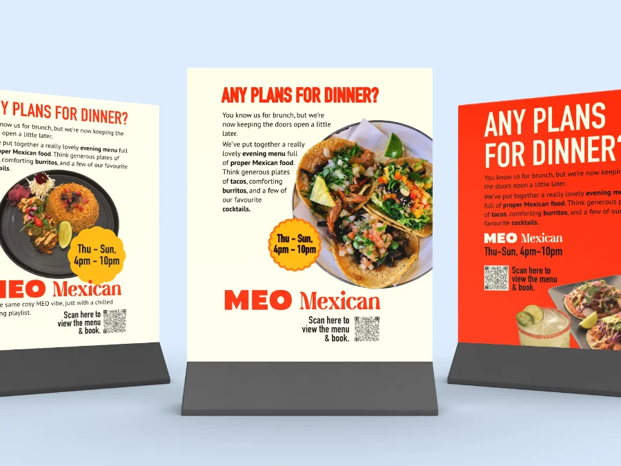 MEO Brighton — mexican kitchen table talker, flyer design